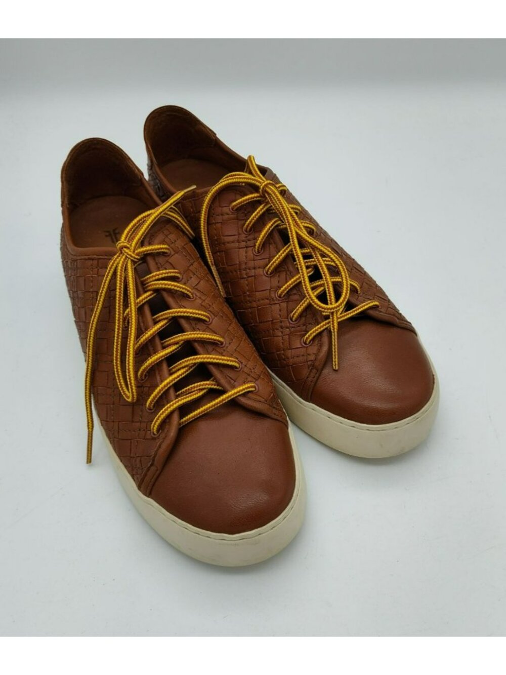 FRYE Lena Brown Woven Sneakers, Low Rise, Womens 11, extra leather laces, Cognac